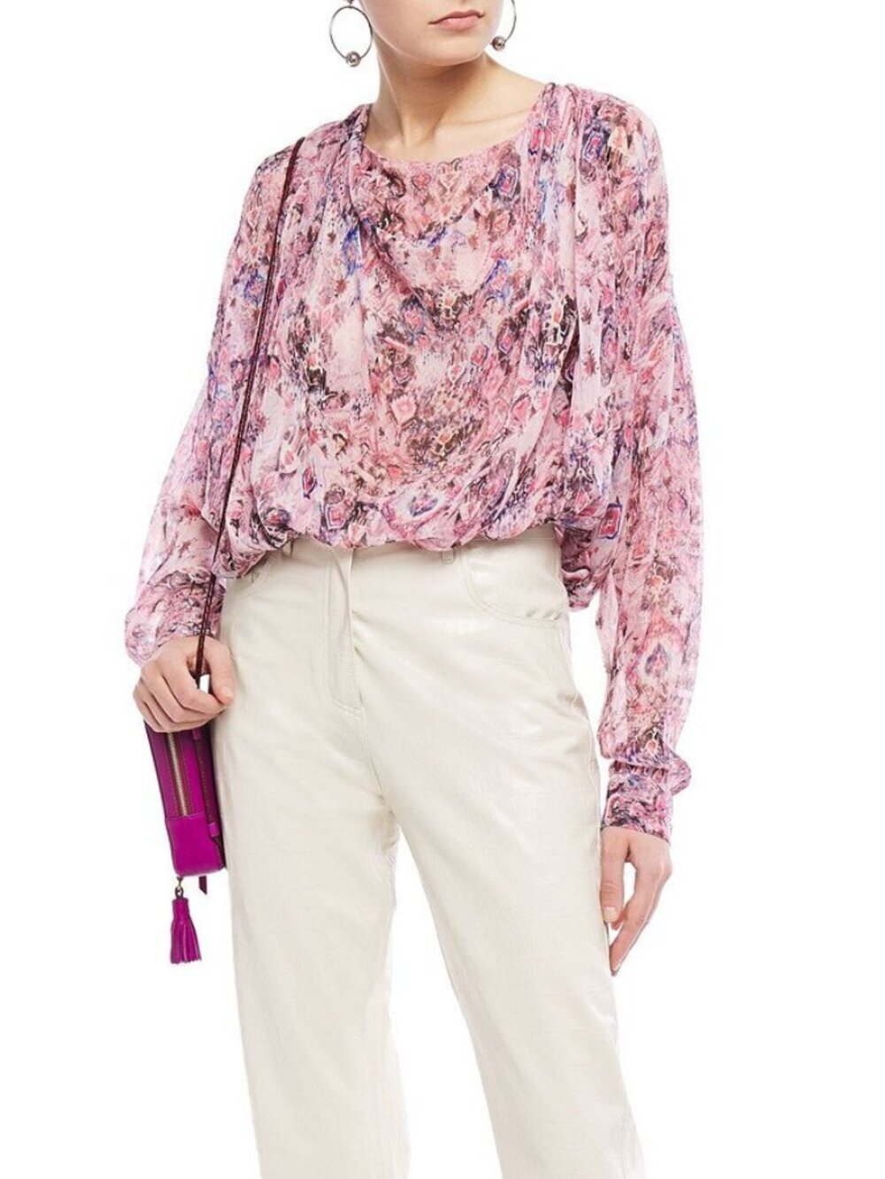NWT IRO Pomea Pink Purple Ikat Sheer Silk Georgette Draped Blouse, Size 36/XS